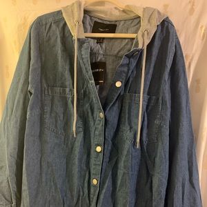 Forever 21+.Denim shacket with grey denim hood. Size 3x.
